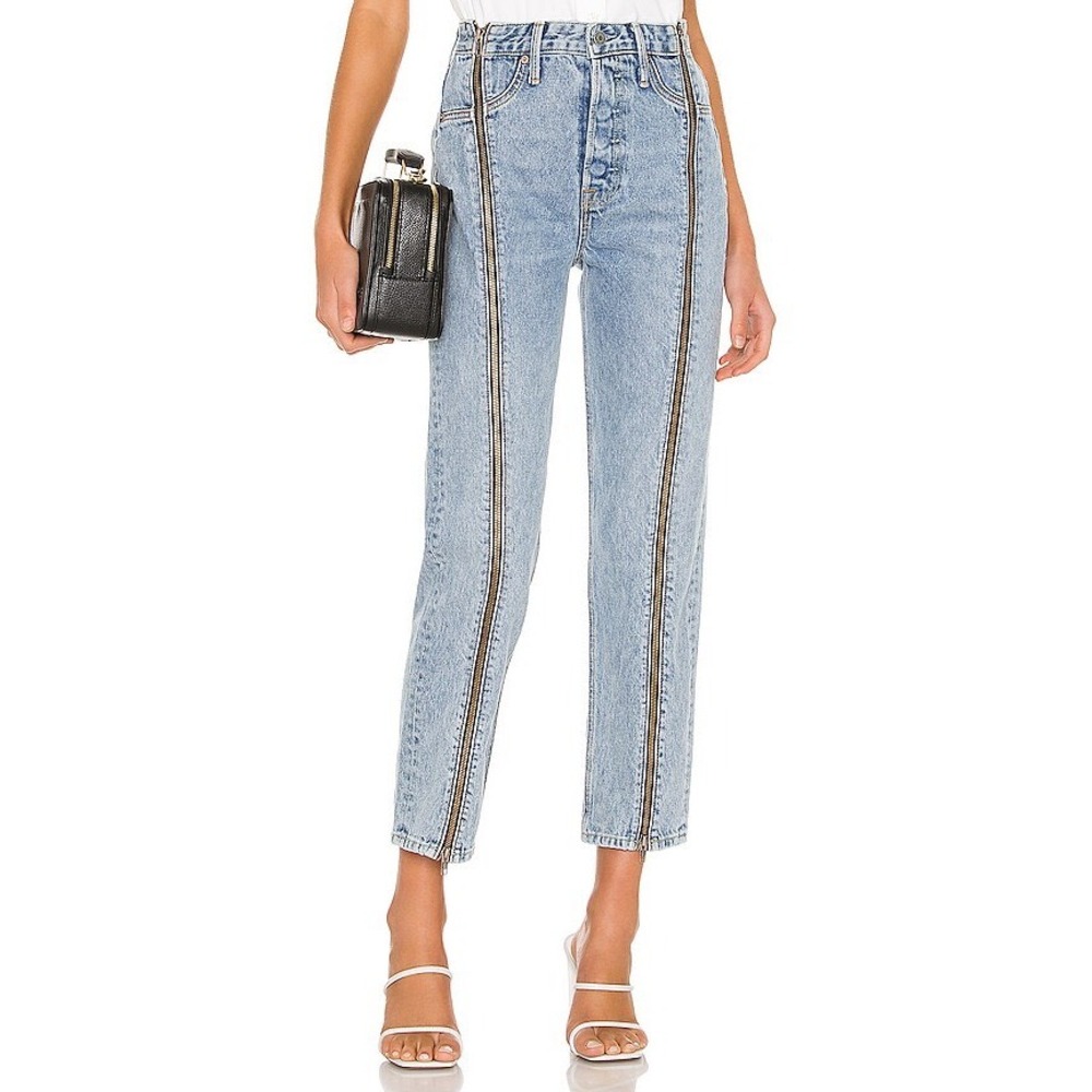 GRLFRND Andrea Down The Line High Rise Zipper Straight Leg Jeans Light Wash 24